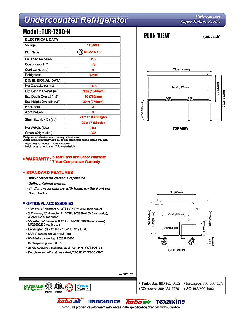 Turbo Air TUR-72SD-N 72 5/8" W Undercounter Refrigerator w/ 3 Section & 3 Doors - Donut-Equipment.com
