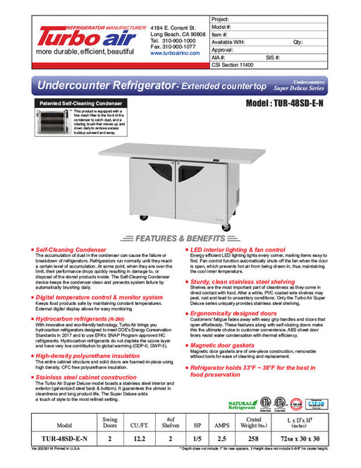 Turbo Air TUR-48SD-E-N 72 5/8" W Undercounter Refrigerator w/ 2 Sections & 2 Doors, Extended Countertop - Donut-Equipment.com