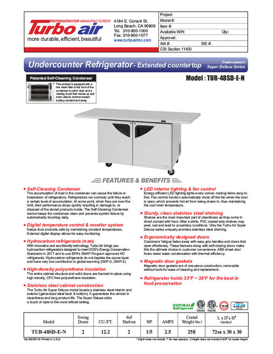 Turbo Air TUR-48SD-E-N 72 5/8" W Undercounter Refrigerator w/ 2 Sections & 2 Doors, Extended Countertop - Donut-Equipment.com