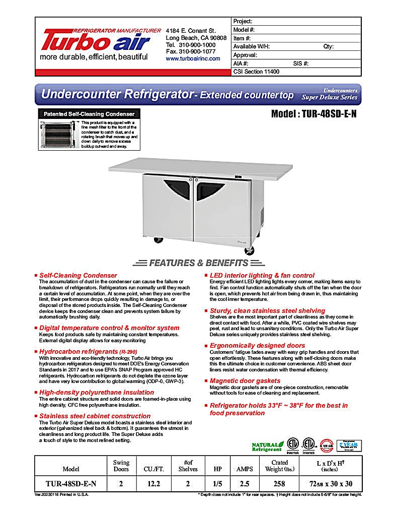 Turbo Air TUR-48SD-E-N 72 5/8" W Undercounter Refrigerator w/ 2 Sections & 2 Doors, Extended Countertop - Donut-Equipment.com