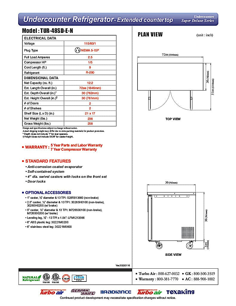 Turbo Air TUR-48SD-E-N 72 5/8" W Undercounter Refrigerator w/ 2 Sections & 2 Doors, Extended Countertop - Donut-Equipment.com