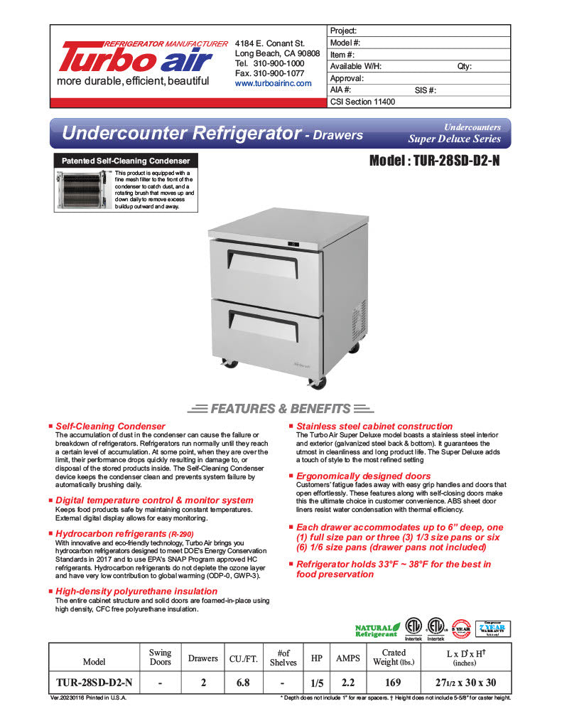 Turbo Air TUR-28SD-D2-N 27 1/2" W Undercounter Refrigerator w/ 1 Section & 2 Drawers - Donut-Equipment.com