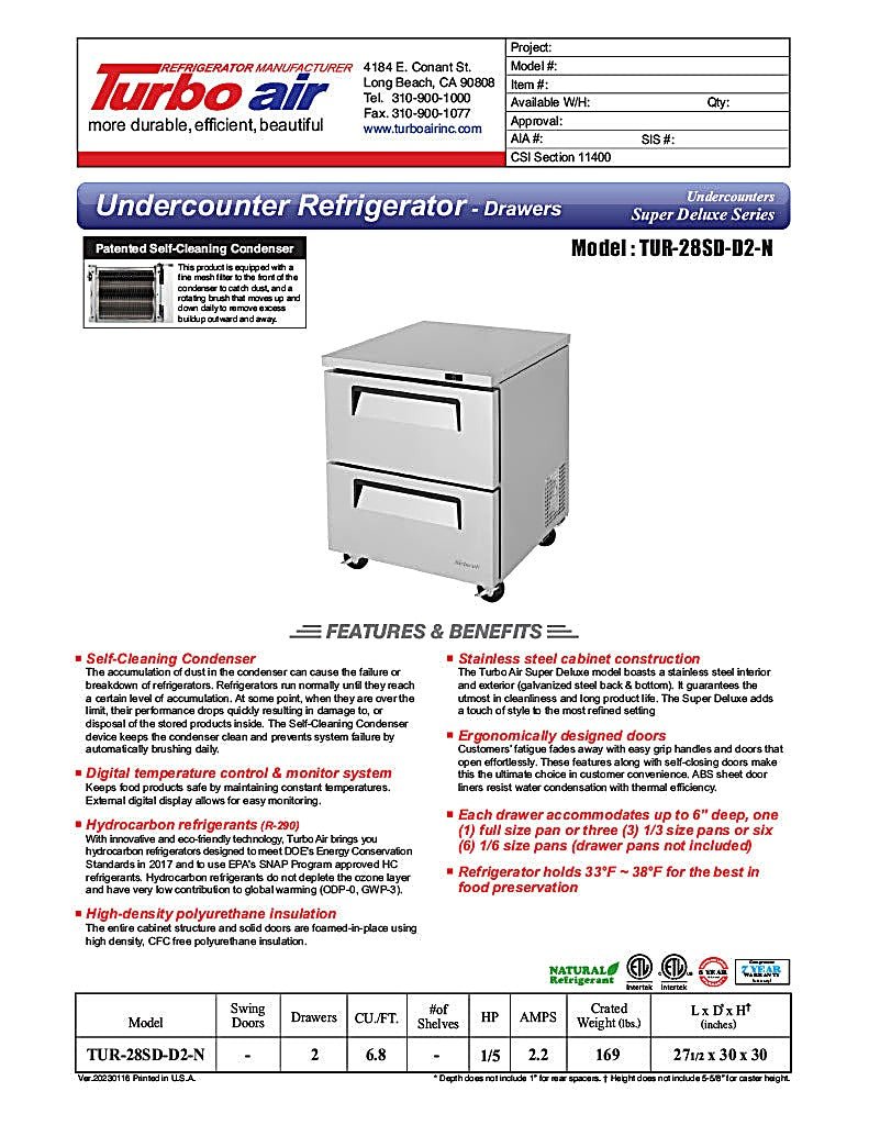 Turbo Air TUR-28SD-D2-N 27 1/2" W Undercounter Refrigerator w/ 1 Section & 2 Drawers - Donut-Equipment.com