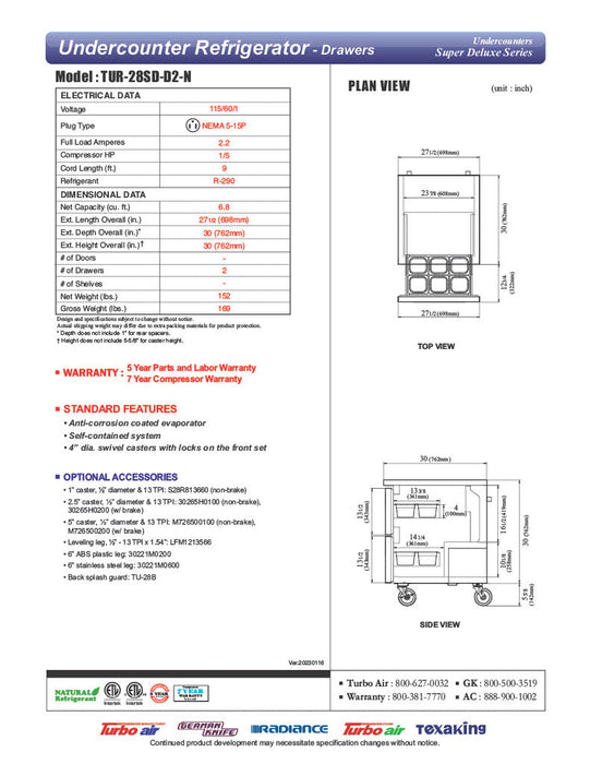 Turbo Air TUR-28SD-D2-N 27 1/2" W Undercounter Refrigerator w/ 1 Section & 2 Drawers - Bakery Wholesalers