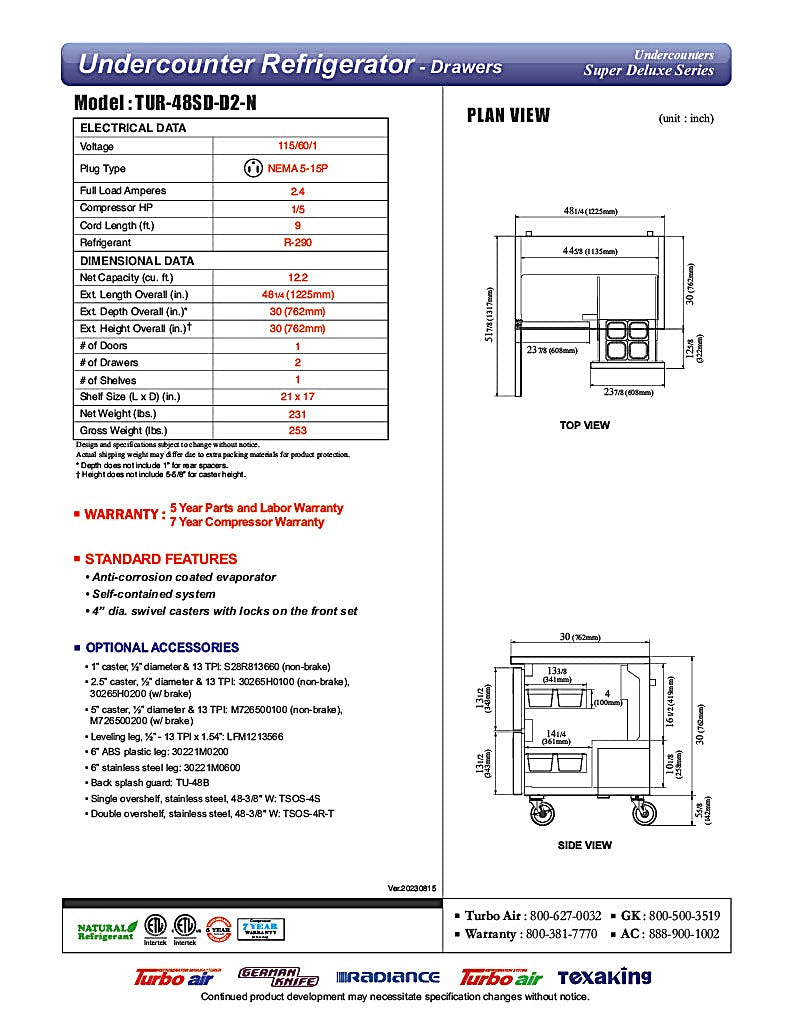 Turbo Air TUR-48SD-D2-N 48 1/4" W Undercounter Refrigerator w/ 2 Sections, 1 Door & 2 Drawers - Donut-Equipment.com