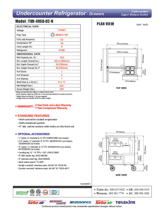 Turbo Air TUR-48SD-D2-N 48 1/4" W Undercounter Refrigerator w/ 2 Sections, 1 Door & 2 Drawers - Bakery Wholesalers