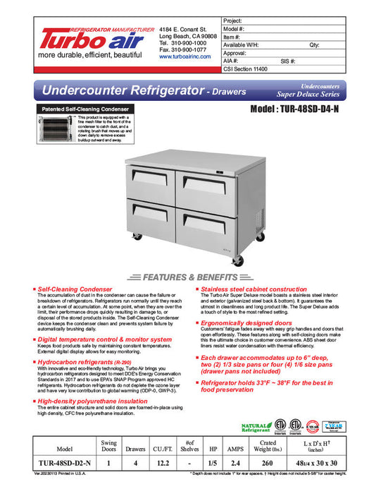 Turbo Air TUR-48SD-D4-N 48 1/4" W Undercounter Refrigerator w/ 2 Sections & 4 Drawers - Bakery Wholesalers