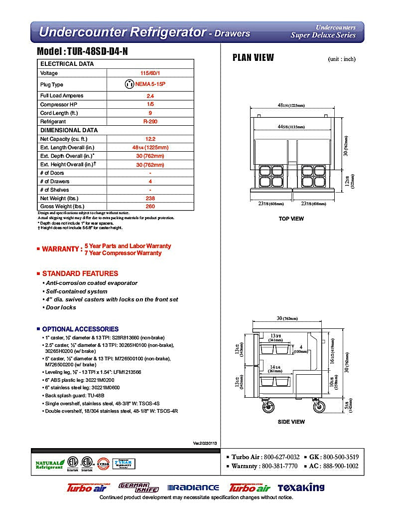 Turbo Air TUR-48SD-D4-N 48 1/4" W Undercounter Refrigerator w/ 2 Sections & 4 Drawers - Donut-Equipment.com