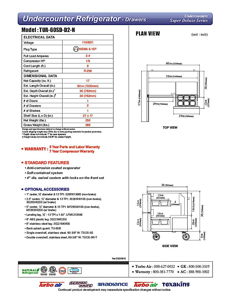 Turbo Air TUR-60SD-D2-N 60 1/4" W Undercounter Refrigerator w/ 2 Section, 1 Door & 2 Drawers - Donut-Equipment.com