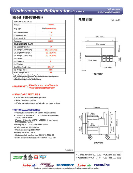 Turbo Air TUR-60SD-D2-N 60 1/4" W Undercounter Refrigerator w/ 2 Section, 1 Door & 2 Drawers - Bakery Wholesalers