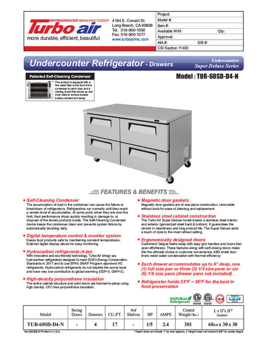 Turbo Air TUR-60SD-D4-N 60 1/4" W Undercounter Refrigerator w/ 2 Sections & 4 Drawers - Bakery Wholesalers