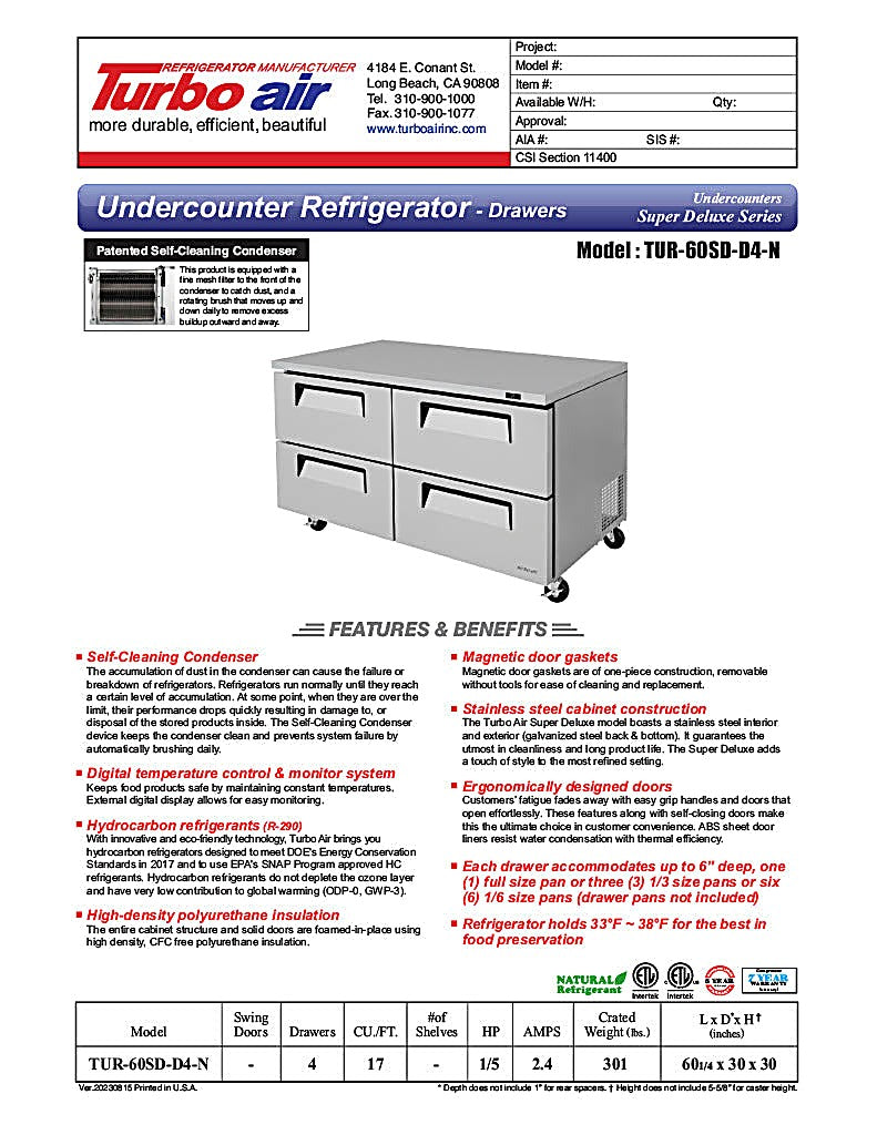 Turbo Air TUR-60SD-D4-N 60 1/4" W Undercounter Refrigerator w/ 2 Sections & 4 Drawers - Donut-Equipment.com