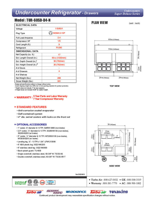 Turbo Air TUR-60SD-D4-N 60 1/4" W Undercounter Refrigerator w/ 2 Sections & 4 Drawers - Bakery Wholesalers