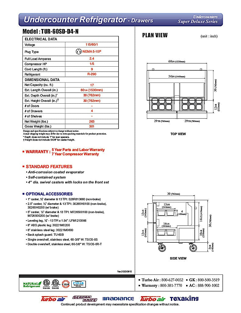 Turbo Air TUR-60SD-D4-N 60 1/4" W Undercounter Refrigerator w/ 2 Sections & 4 Drawers - Donut-Equipment.com