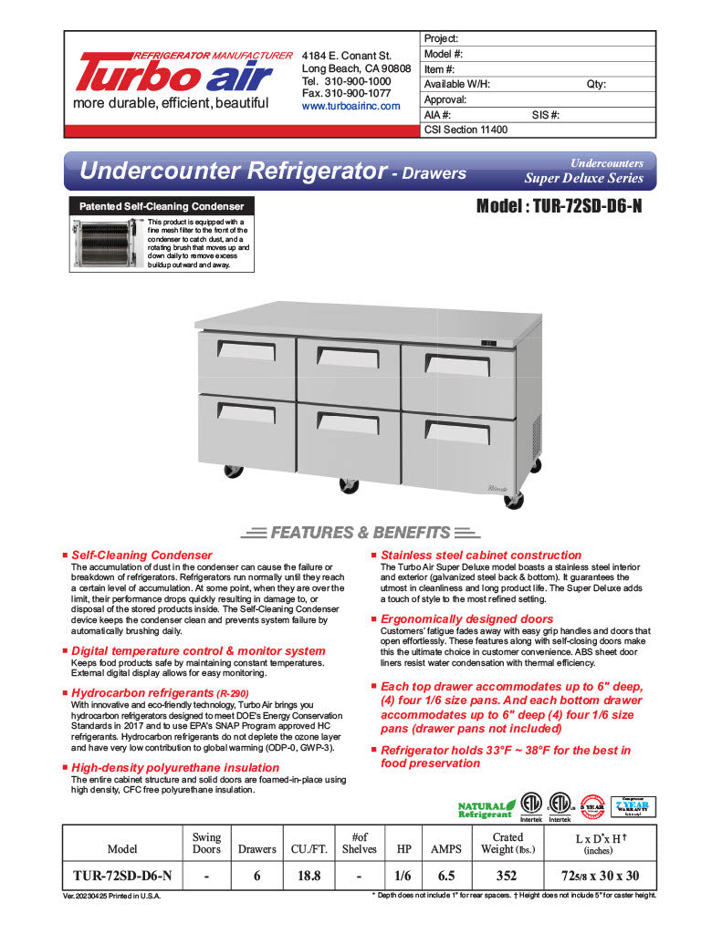 Turbo Air TUR-72SD-D6-N 72 1/4" W Undercounter Refrigerator w/ 2 Sections & 6 Drawers - Donut-Equipment.com