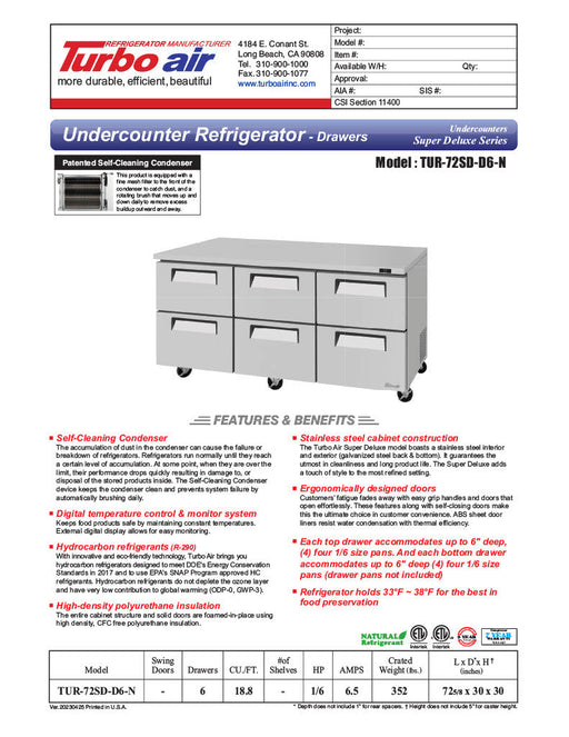 Turbo Air TUR-72SD-D6-N 72 1/4" W Undercounter Refrigerator w/ 2 Sections & 6 Drawers - Bakery Wholesalers