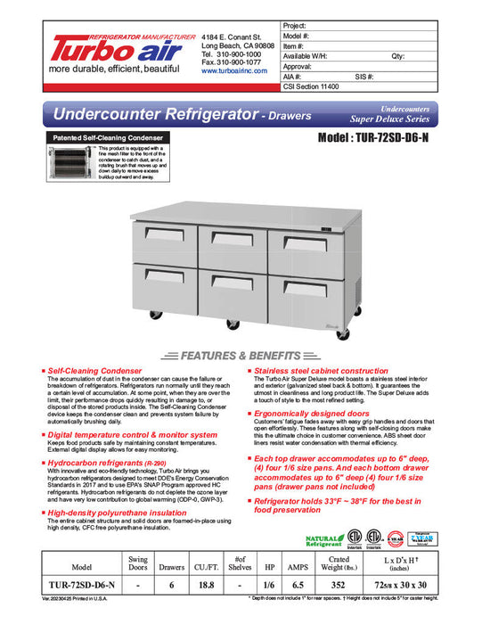 Turbo Air TUR-72SD-D6-N 72 1/4" W Undercounter Refrigerator w/ 2 Sections & 6 Drawers - Bakery Wholesalers