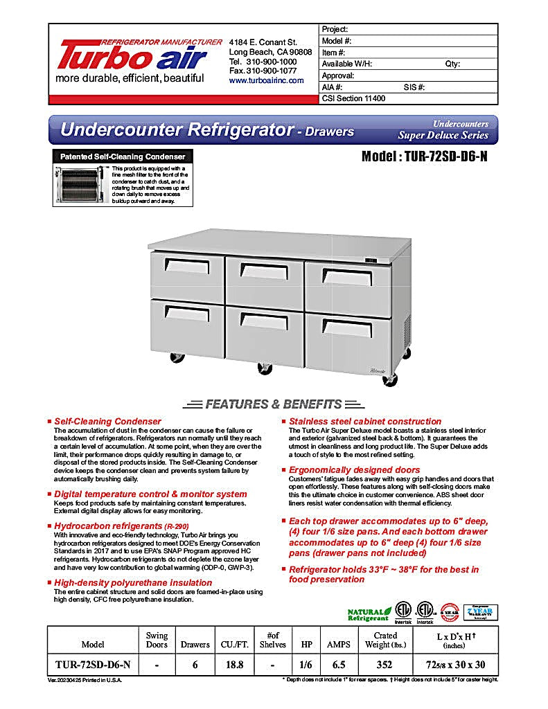 Turbo Air TUR-72SD-D6-N 72 1/4" W Undercounter Refrigerator w/ 2 Sections & 6 Drawers - Donut-Equipment.com