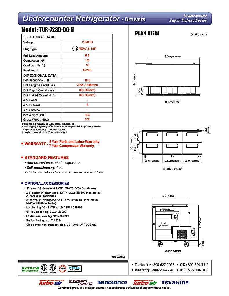 Turbo Air TUR-72SD-D6-N 72 1/4" W Undercounter Refrigerator w/ 2 Sections & 6 Drawers - Donut-Equipment.com