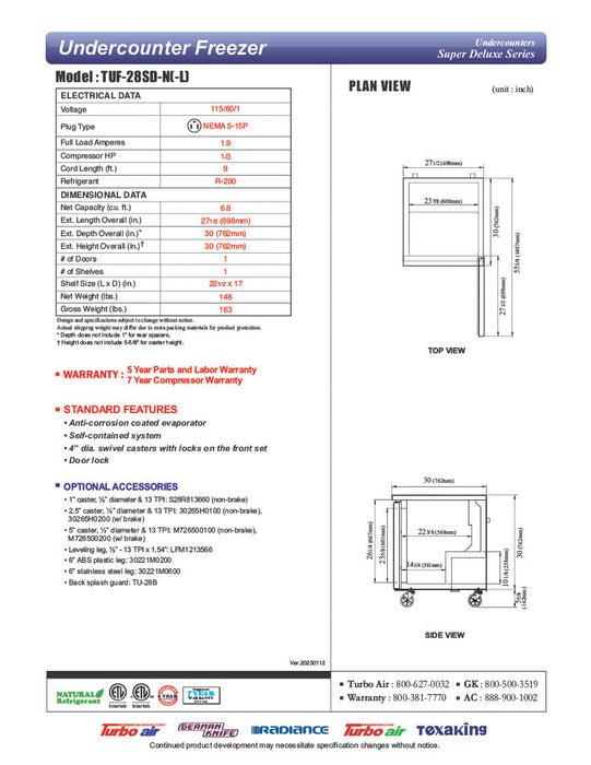 Turbo Air TUF-28SD-N 27 1/2" W Undercounter Freezer w/ (1) Section & (1) Door - Bakery Wholesalers