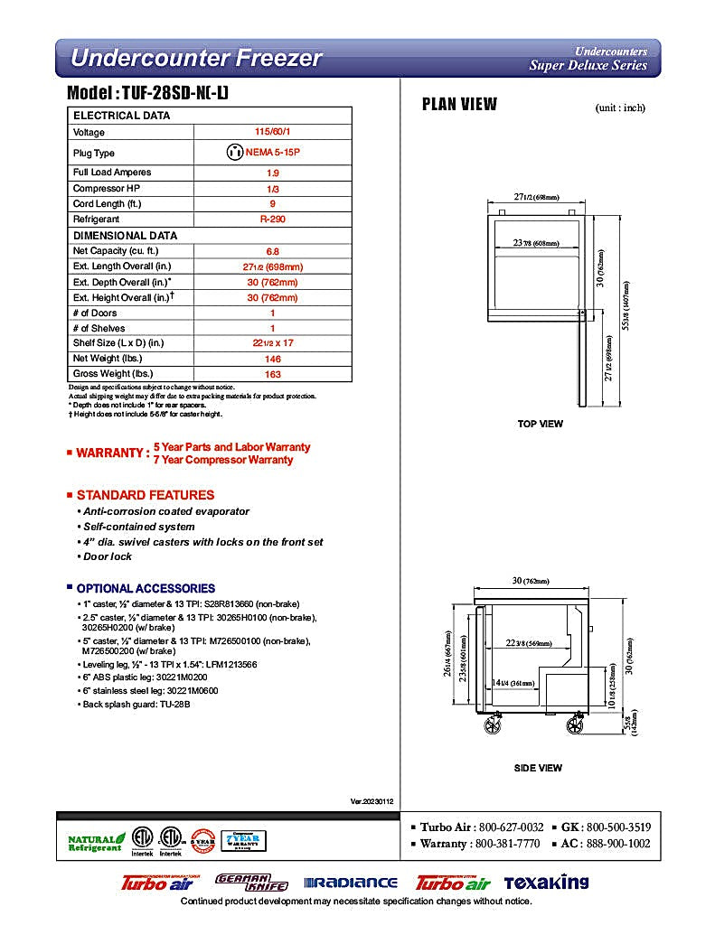 Turbo Air TUF-28SD-N 27 1/2" W Undercounter Freezer w/ (1) Section & (1) Door - Donut-Equipment.com