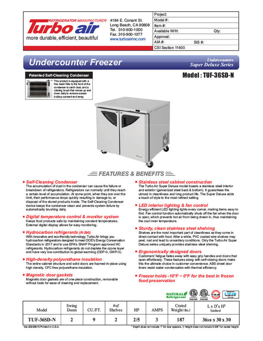 Turbo Air TUF-36SD-N 36 1/4" W Undercounter Freezer w/ 2 Sections & 2 Doors - Bakery Wholesalers