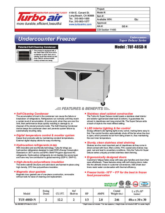 Turbo Air TUF-48SD-N 48 1/4" W Undercounter Freezer w/ 2 Sections & 2 Doors - Bakery Wholesalers