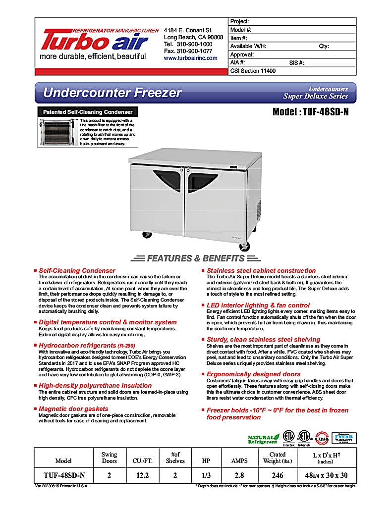 Turbo Air TUF-48SD-N 48 1/4" W Undercounter Freezer w/ 2 Sections & 2 Doors - Donut-Equipment.com