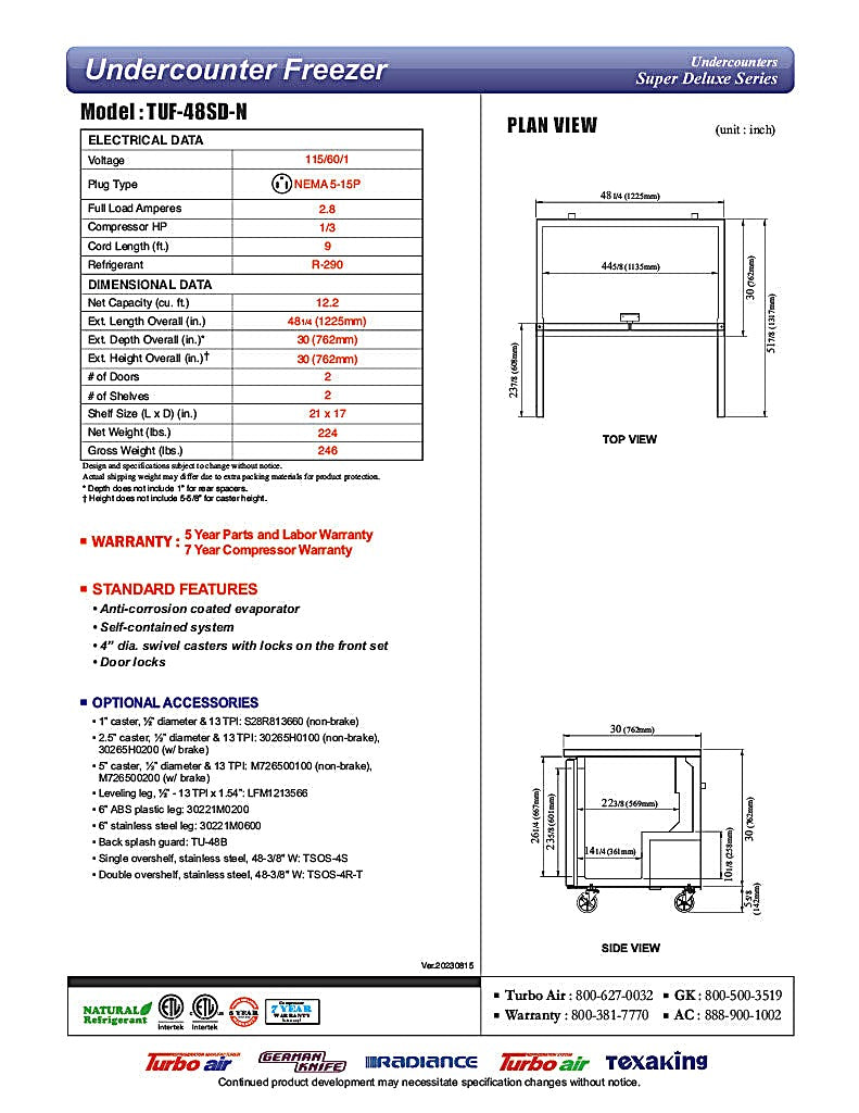 Turbo Air TUF-48SD-N 48 1/4" W Undercounter Freezer w/ 2 Sections & 2 Doors - Donut-Equipment.com