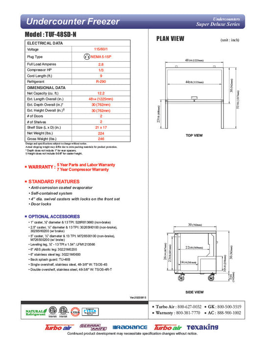 Turbo Air TUF-48SD-N 48 1/4" W Undercounter Freezer w/ 2 Sections & 2 Doors - Bakery Wholesalers