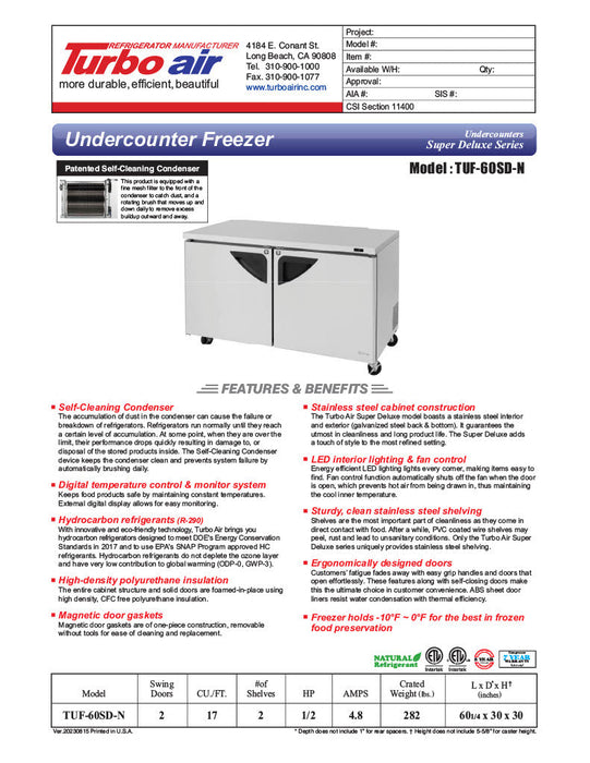 Turbo Air TUF-60SD-N 60 1/4" W Undercounter Freezer w/ 2 Sections & 2 Doors - Bakery Wholesalers