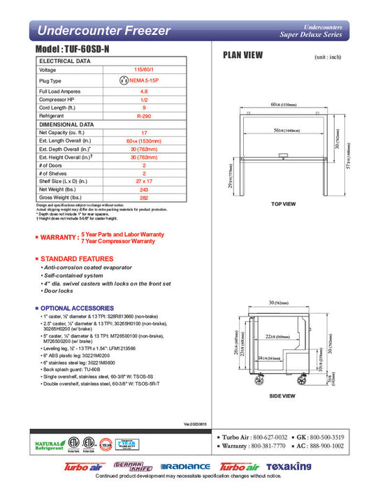 Turbo Air TUF-60SD-N 60 1/4" W Undercounter Freezer w/ 2 Sections & 2 Doors - Bakery Wholesalers