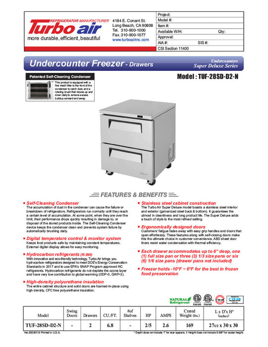 Turbo Air TUF-28SD-D2-N 27 1/2" W Undercounter Freezer w/ 1 Section & 2 Drawers - Bakery Wholesalers