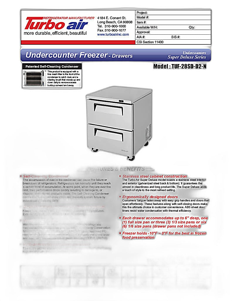Turbo Air TUF-28SD-D2-N 27 1/2" W Undercounter Freezer w/ 1 Section & 2 Drawers - Donut-Equipment.com