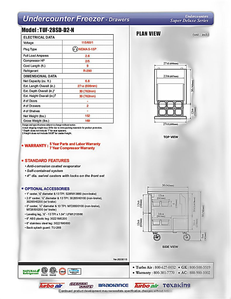 Turbo Air TUF-28SD-D2-N 27 1/2" W Undercounter Freezer w/ 1 Section & 2 Drawers - Donut-Equipment.com