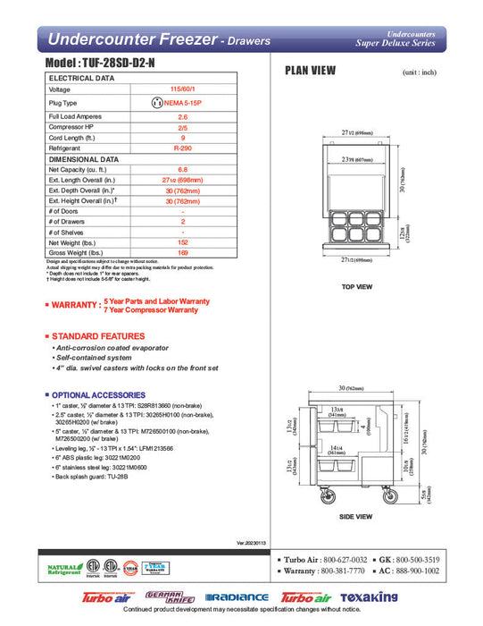 Turbo Air TUF-28SD-D2-N 27 1/2" W Undercounter Freezer w/ 1 Section & 2 Drawers - Bakery Wholesalers