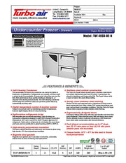 Turbo Air TUF-48SD-D2-N 48 1/4" W Undercounter Freezer w/ 2 Sections, 1 Door & 2 Drawers - Donut-Equipment.com