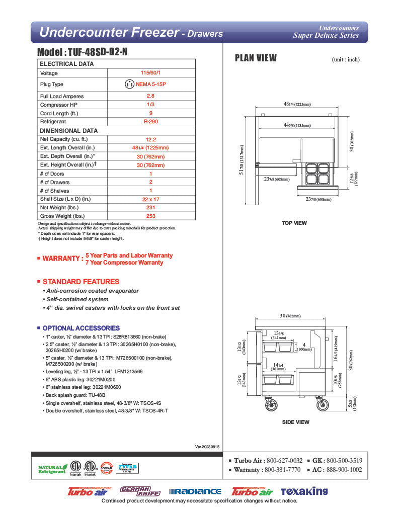Turbo Air TUF-48SD-D2-N 48 1/4" W Undercounter Freezer w/ 2 Sections, 1 Door & 2 Drawers - Donut-Equipment.com