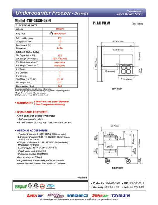 Turbo Air TUF-48SD-D2-N 48 1/4" W Undercounter Freezer w/ 2 Sections, 1 Door & 2 Drawers - Bakery Wholesalers
