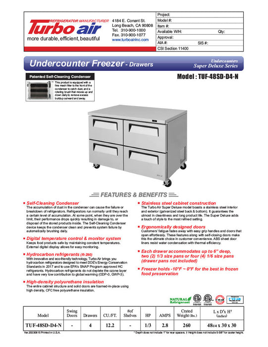 Turbo Air TUF-48SD-D4-N 48 1/4" W Undercounter Freezer w/ 2 Sections & 4 Drawers - Bakery Wholesalers