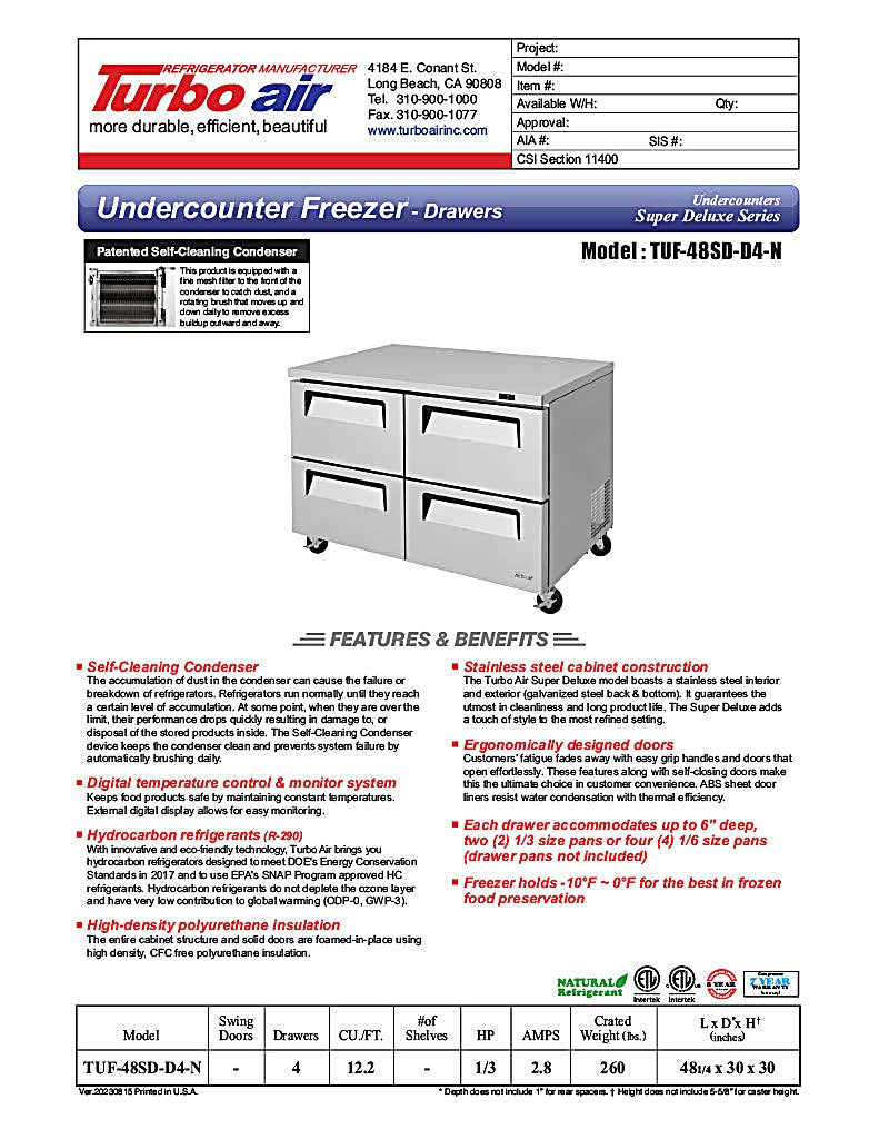 Turbo Air TUF-48SD-D4-N 48 1/4" W Undercounter Freezer w/ 2 Sections & 4 Drawers - Donut-Equipment.com