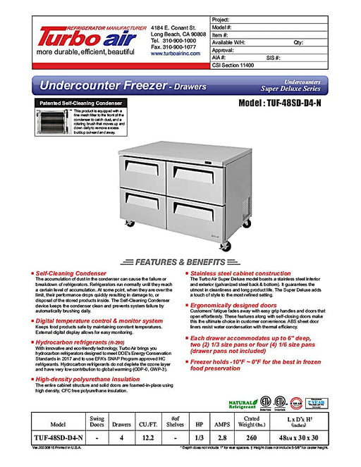 Turbo Air TUF-48SD-D4-N 48 1/4" W Undercounter Freezer w/ 2 Sections & 4 Drawers - Donut-Equipment.com