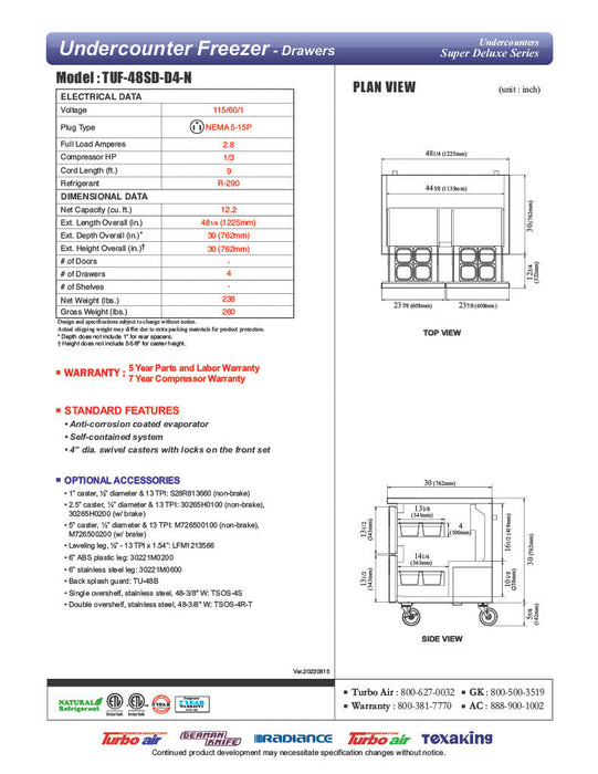 Turbo Air TUF-48SD-D4-N 48 1/4" W Undercounter Freezer w/ 2 Sections & 4 Drawers - Bakery Wholesalers