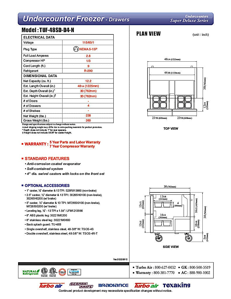 Turbo Air TUF-48SD-D4-N 48 1/4" W Undercounter Freezer w/ 2 Sections & 4 Drawers - Donut-Equipment.com