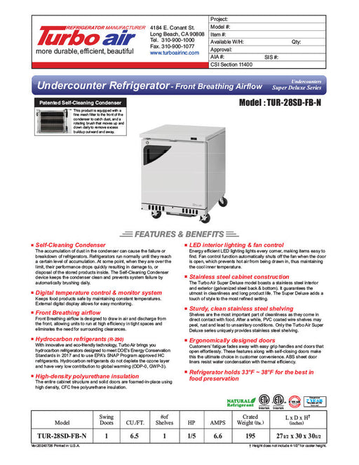 Turbo Air TUR-28SD-FB-N 27" 1-Section Undercounter Refrigerator w/ 1 Door - Bakery Wholesalers