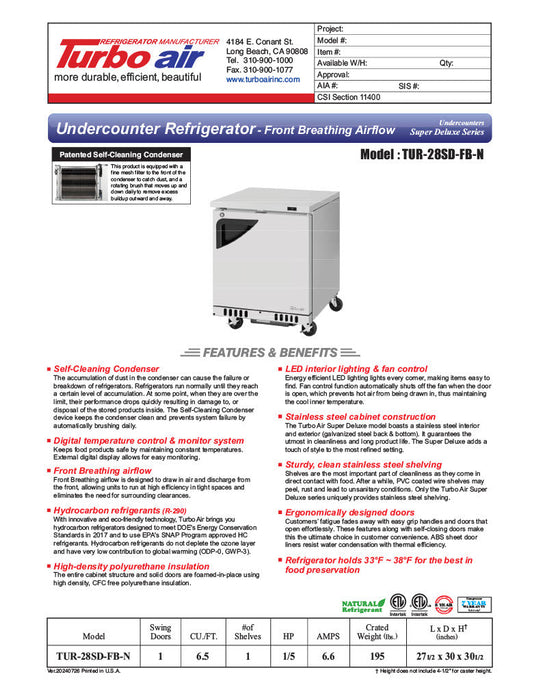 Turbo Air TUR-28SD-FB-N 27" 1-Section Undercounter Refrigerator w/ 1 Door - Bakery Wholesalers