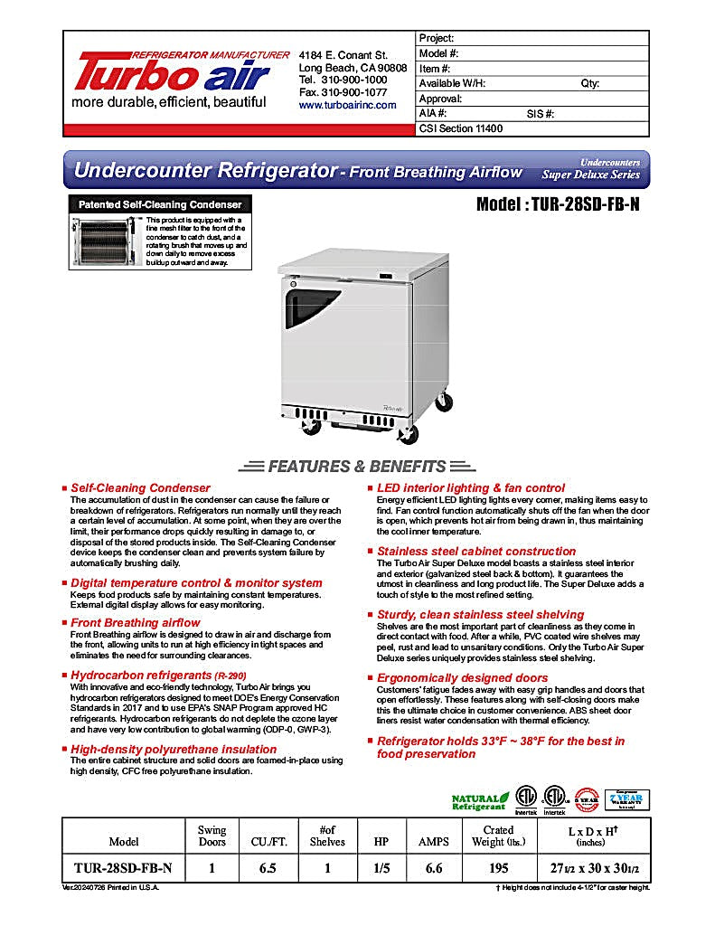 Turbo Air TUR-28SD-FB-N 27" 1-Section Undercounter Refrigerator w/ 1 Door - Donut-Equipment.com