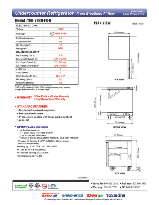 Turbo Air TUR-28SD-FB-N 27" 1-Section Undercounter Refrigerator w/ 1 Door - Bakery Wholesalers