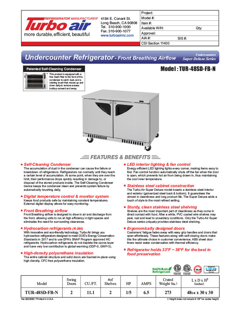 Turbo Air TUR-48SD-FB-N 48 1/4" W Undercounter Refrigerator w/ 2 Sections, Solid Doors, Front Breathing - Donut-Equipment.com