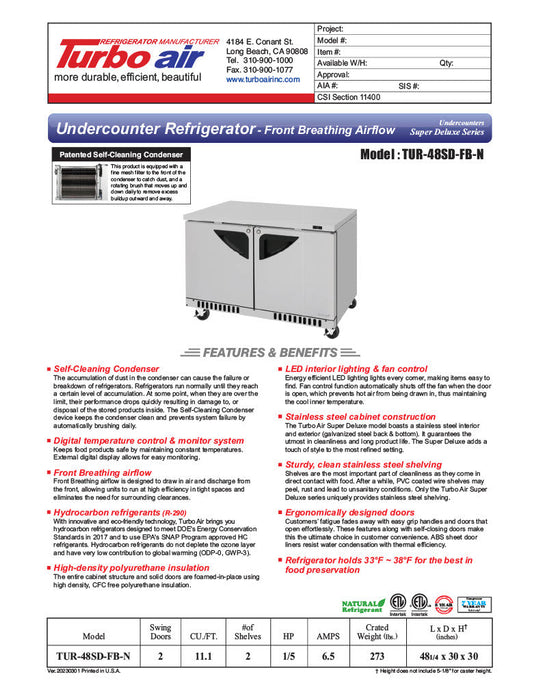 Turbo Air TUR-48SD-FB-N 48 1/4" W Undercounter Refrigerator w/ 2 Sections, Solid Doors, Front Breathing - Bakery Wholesalers